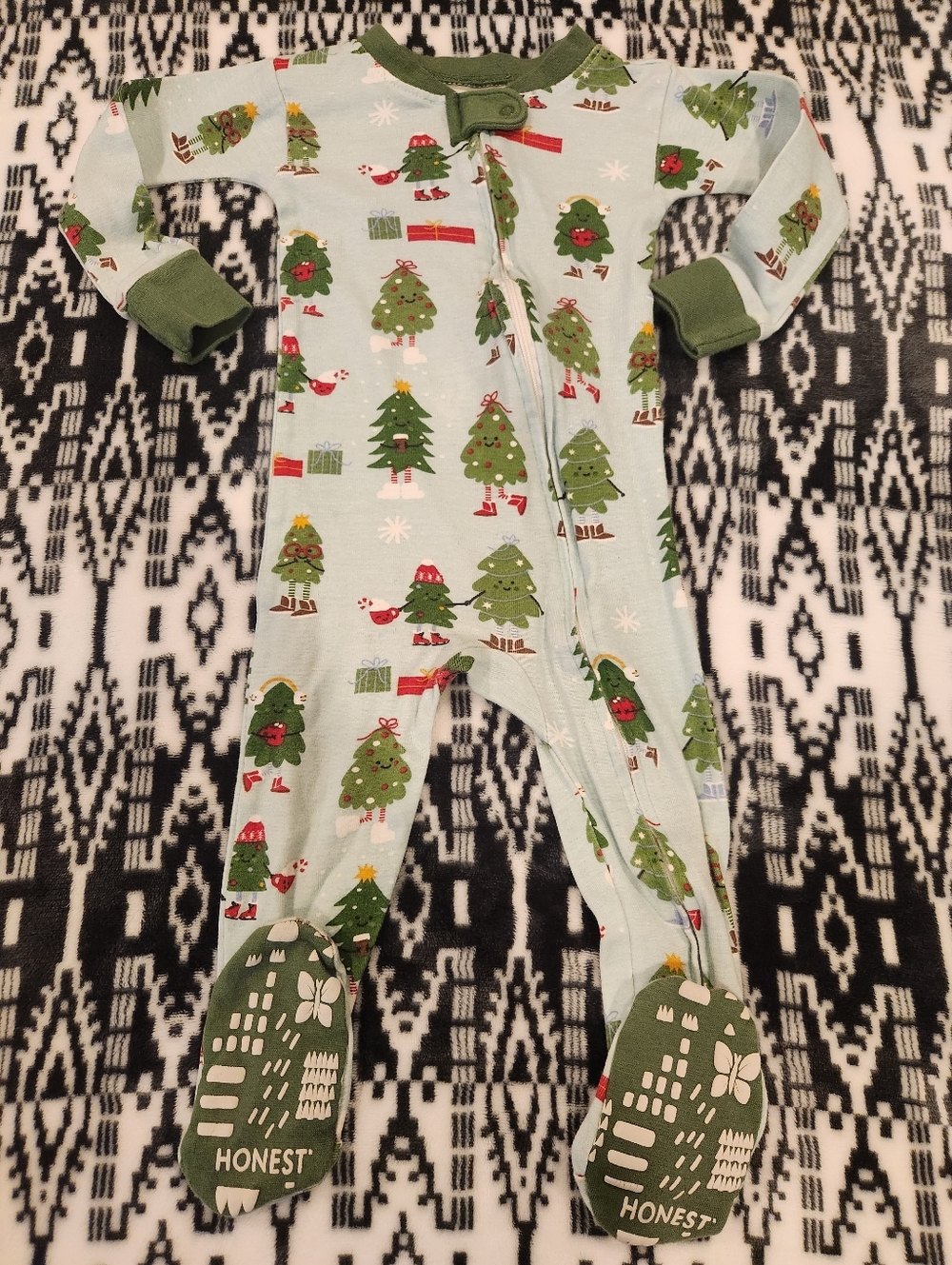 Honest Company Baby Holiday Tree Print Footed One-Piece - Green, Size 18M